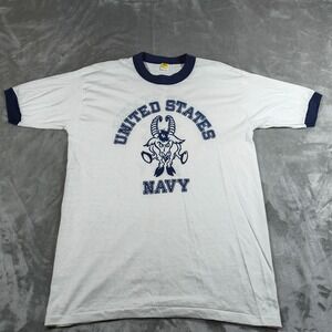 Vintage United States Navy Ringer Shirt Mens XL White Blue USA Velva Sheen 70s